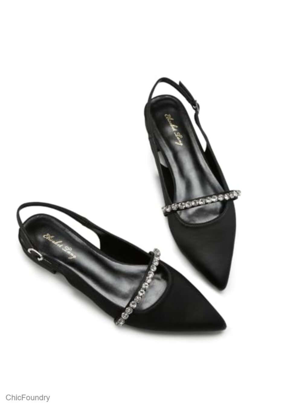 Women Slingback Flats Pointed Toe Rhinestone Synthetic Leather Kitten Heel